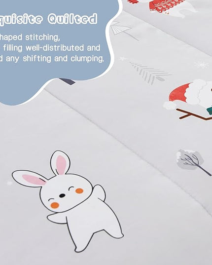 Kids Christmas Comforter Set Full for Boys Girls, Cute Reversible Quilted Bear Snowmen Reindeer Bunny Printed Bedding Set with Pillow Sham, Lightweight Soft Breathable Washable Bed Set 3 Piece - LeafyLoom