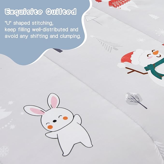 Kids Christmas Comforter Set Twin for Boys Girls, Cute Reversible Quilted Bear Snowmen Reindeer Bunny Printed Bedding Set with Pillow Sham, Lightweight Soft Breathable Washable Bed Set 2 Piece - LeafyLoom