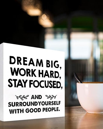 Motivational Wood Box Sign Desk Decor,Dream Big Work Hard Stay Focused Wood Plaque Signs,Rustic Positive Wooden Block Sign Decor for Office Workplace Classroom Shelf Table Decoration C1077 - LeafyLoom