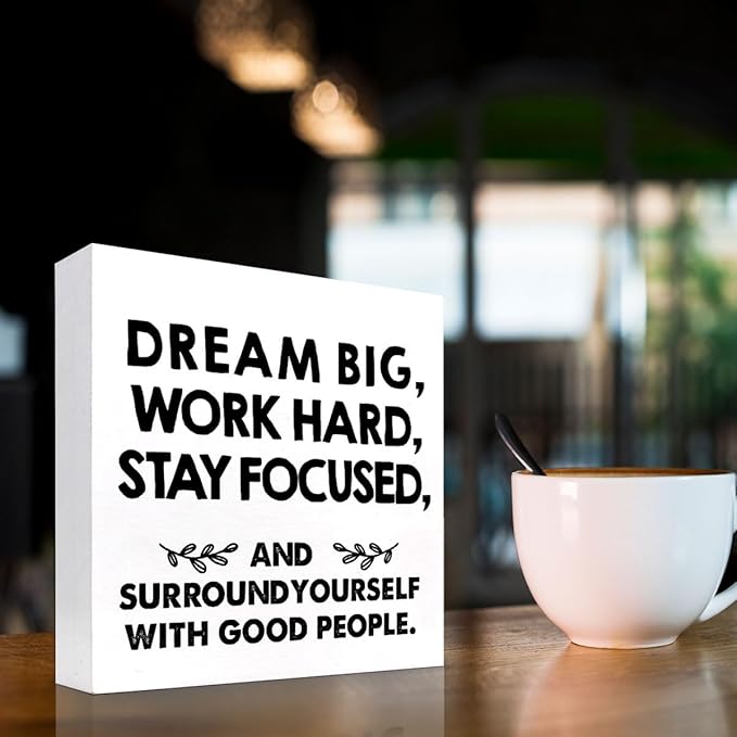 Motivational Wood Box Sign Desk Decor,Dream Big Work Hard Stay Focused Wood Plaque Signs,Rustic Positive Wooden Block Sign Decor for Office Workplace Classroom Shelf Table Decoration C1077 - LeafyLoom