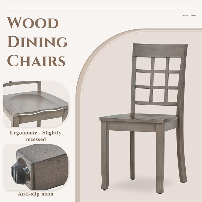 COLAMY Wooden Dining Chairs Set of 6, Nine-Square High Back Kitchen Side Chair, Farmhouse Dining Chairs for Kitchen and Dining Room, Light Grey - LeafyLoom