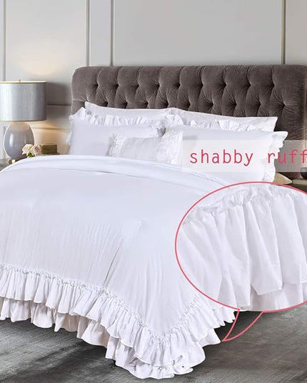 White Ruffled Comforter Set Queen,Lightweight Farmhouse Shabby Boho Chic White Bedding,Ultra Soft Fluffy Washed Microfiber Bed Comforter Set 3-Piece (1 White Comforter+2 Ruffle Pillow Shams) - LeafyLoom