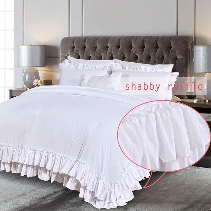 White Ruffled Shabby Comforter Set King,Boho Chic Farmhouse Bedding Down Comforter Fluffy Cozy,Ultra Soft Washed Microfiber Inner Fill Bedding All Season 3 Piece Set with Ruffle Pillow Shams - LeafyLoom