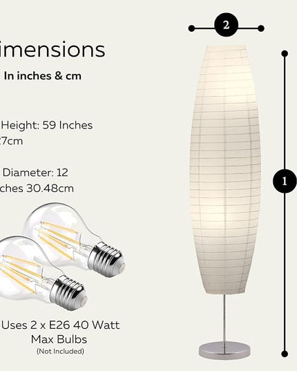 LIGHTACCENTS Rice Paper Floor Lamp 59-Inches Tall - Japanese Decor Standing Lamps for Bedrooms with White Paper Shade - Floor Lamps for Living Room - Rice Paper Floor Lamp, Dorm Room Essentials - LeafyLoom