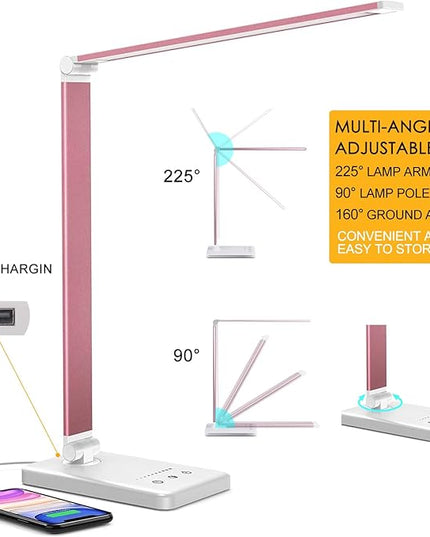 Led Desk Lamp, Desk Lamp with USB Charging Port, 5 Color Modes, 10 Brightness, Natural Light, Eye Caring Reading Lamp, Desk Light for Home Office, Table Lamp, Touch Control, Auto-Timer, Pink - LeafyLoom