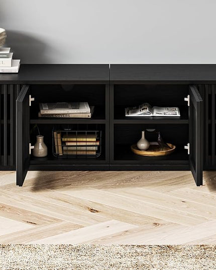 POVISON Modern Solid Wood TV Stand, Black Entertainment Center for 75+ inch TV, 95'' Media Console with Storage for Living Room Bedroom, Farmhouse Low TV Cabinet, Partial Assembly Required - LeafyLoom