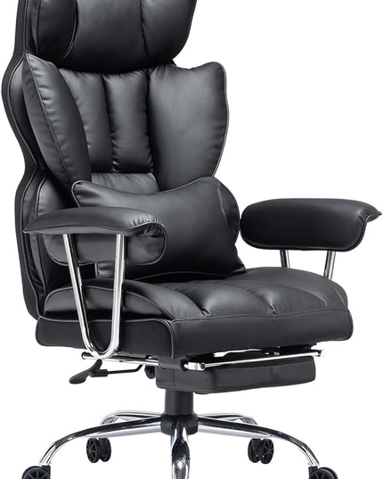 Desk Office Chair 400LBS, Big and Tall Office Chair, PU Leather Computer Chair, Executive Office Chair with Leg Rest and Lumbar Support, Black Office Chair - LeafyLoom