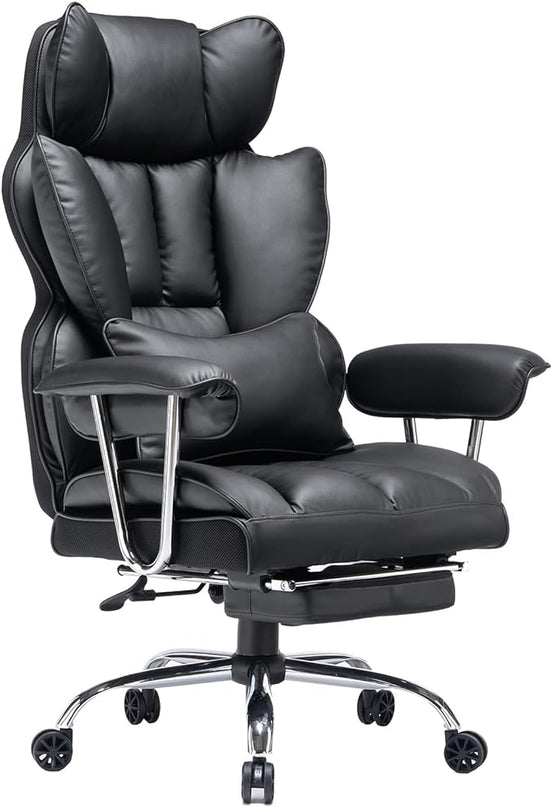 Desk Office Chair 400LBS, Big and Tall Office Chair, PU Leather Computer Chair, Executive Office Chair with Leg Rest and Lumbar Support, Black Office Chair - LeafyLoom