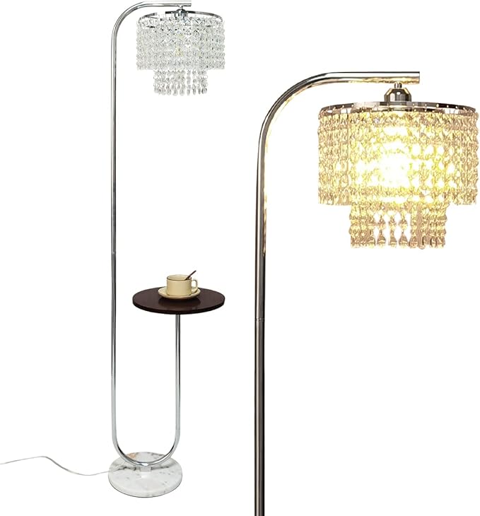 Hsyile Arc Crystal Floor Lamp for Living Room - Marble Base Modern Tall Stand Up Light with Table,Contemporary Over The Couch Chrome Lamp Standing Lamps for Bedroom Office Living Room - LeafyLoom