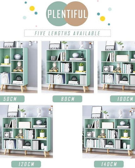 IOTXY Wooden Open Shelf Bookcase - 3-Tier Floor Standing Display Cabinet Rack with Legs, 10 Cubes Bookshelf, Tiffany-Green - LeafyLoom