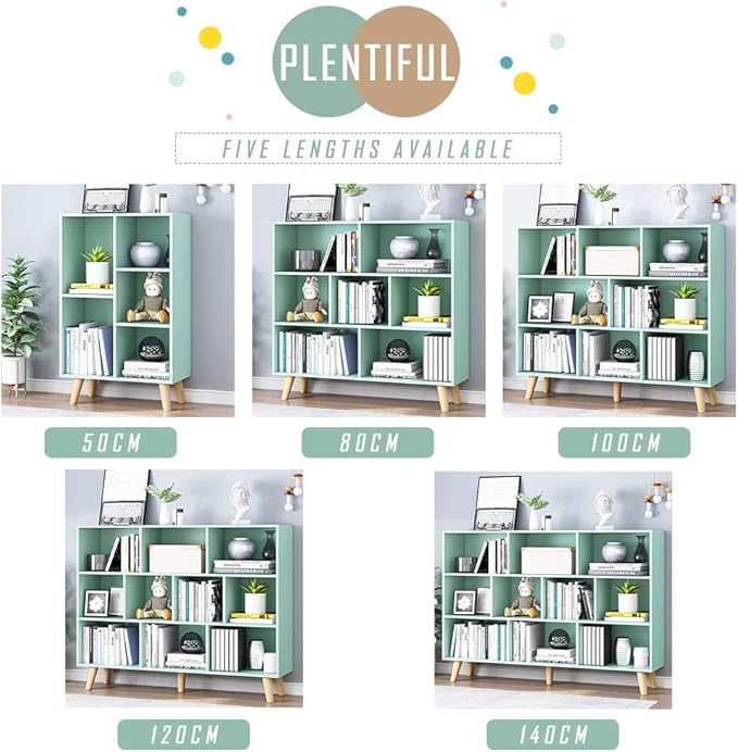 IOTXY Wooden Open Shelf Bookcase - 3-Tier Floor Standing Display Cabinet Rack with Legs, 10 Cubes Bookshelf, Tiffany-Green - LeafyLoom
