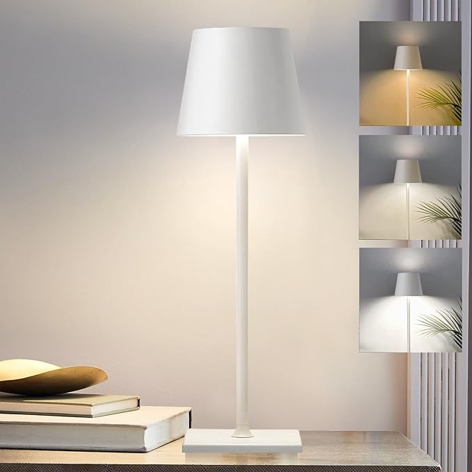 Cordless Table Lamp,5200mAh Battery Operated Lamp,IP54 Outdoor Table Lamp Waterproof,3 Color Stepless Dimming for Restaurant/Bedroom/Bars/Outdoor Party/Camping/Coffee Shop(White-1) - LeafyLoom