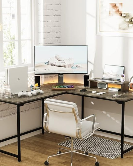 Elephance 59" Large L Shaped Desk Corner Computer Desk with Monitor Stand Gaming Table Workstation for Home Office, Black Oak - LeafyLoom