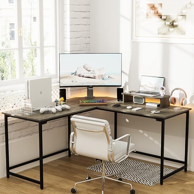 Elephance 59" Large L Shaped Desk Corner Computer Desk with Monitor Stand Gaming Table Workstation for Home Office, Black Oak - LeafyLoom