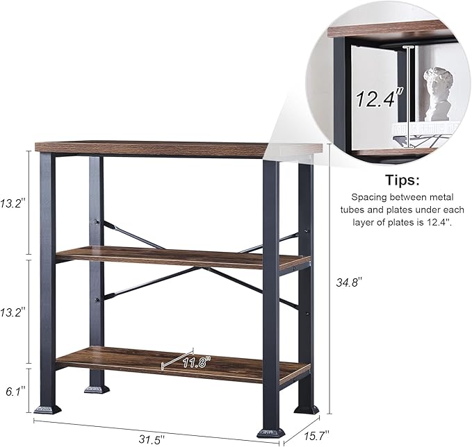 HOMBAZAAR Bookshelf, 3-Tier Vintage Industrial Book Shelf, Rustic Wood and Metal Bookcase and Bookshelves, Free Standing Storage Small Bookshelf for Living Room, Bedroom and Kitchen, Brown - LeafyLoom