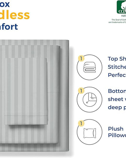 THREAD SPREAD Luxury Egyptian Cotton Twin Stripe Sheet Set - 600 Thread Count Extra Long Staple 3 PC Set, Twin Damask Sheets, Soft, Cooling Sateen Weave Striped Sheets Upto 18" Deep Pocket - Silver - LeafyLoom