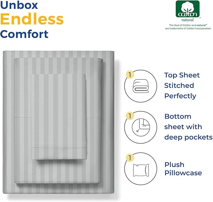 THREAD SPREAD Luxury Egyptian Cotton Twin Stripe Sheet Set - 600 Thread Count Extra Long Staple 3 PC Set, Twin Damask Sheets, Soft, Cooling Sateen Weave Striped Sheets Upto 18" Deep Pocket - Silver - LeafyLoom