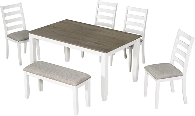 Kitchen Rustic Style 6-Piece Dining Room Table Set with 4 Upholstered Chairs & a Bench, Brown+Whitewash, Onesize - LeafyLoom
