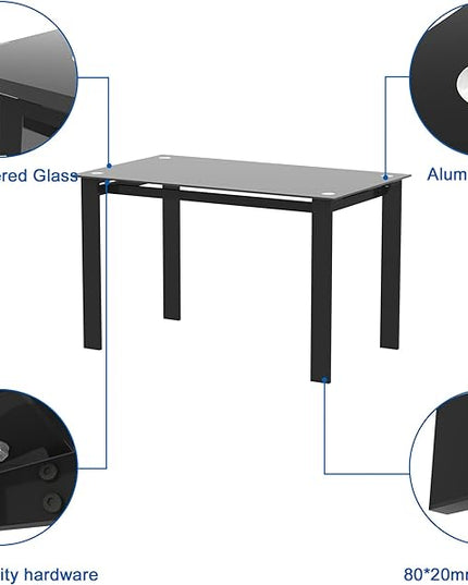 NicBex Dining Table Contemporary Kitchen Table Farmhouse Rustic Tempered Glass Black Dining Table, Simple Rectangular Metal Table Legs Living Room Kitchen Table, Easy Assembly, Black - LeafyLoom
