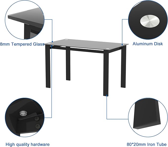 NicBex Dining Table Contemporary Kitchen Table Farmhouse Rustic Tempered Glass Black Dining Table, Simple Rectangular Metal Table Legs Living Room Kitchen Table, Easy Assembly, Black - LeafyLoom