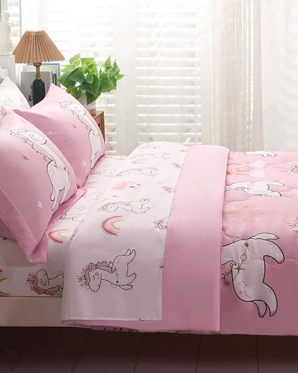 Wajade Kids Pink Unicorn Comforter Set Bed in A Bag Queen Size 7 Piece Cute Unicorn Rainbow Clouds Bedding Set for Girls (1 Comforter, 1 Flat Sheet, 1 Fitted Sheet, 2 Pillowcase and 2 Pillow Sham) - LeafyLoom