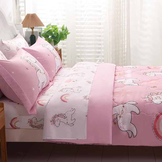 Wajade Kids Pink Unicorn Comforter Set Bed in A Bag Full Size 7 Piece Cute Unicorn Rainbow Clouds Bedding Set for Girls (1 Comforter, 1 Flat Sheet, 1 Fitted Sheet, 2 Pillowcase and 2 Pillow Sham) - LeafyLoom