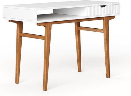 White Computer Desk with Drawers - 45 inch Minimalist Small Solid Wood Mid-Century Modern Office Desk for Home - Boho Style Writing Table with Open Storage,Light Wooden Desk Workspace - LeafyLoom