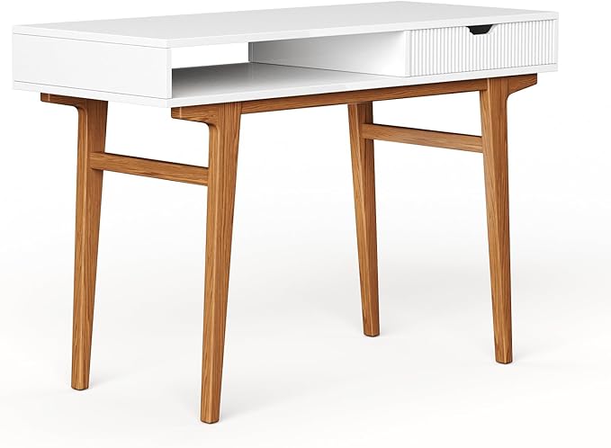 White Computer Desk with Drawers - 45 inch Minimalist Small Solid Wood Mid-Century Modern Office Desk for Home - Boho Style Writing Table with Open Storage,Light Wooden Desk Workspace - LeafyLoom