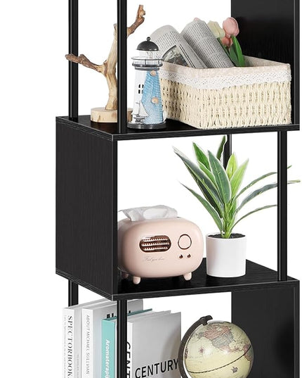 ETELI Small Bookshelf Unique S Shaped 4 Shelf Bookcase Free Standing Industrial Book Storage Shelves for Living Room, Bedroom, and Home Office, Rustic Book Organizer & Metal Frame - LeafyLoom