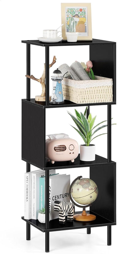ETELI Small Bookshelf Unique S Shaped 4 Shelf Bookcase Free Standing Industrial Book Storage Shelves for Living Room, Bedroom, and Home Office, Rustic Book Organizer & Metal Frame - LeafyLoom