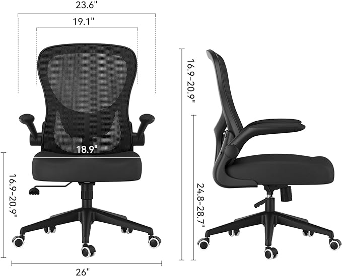 Hbada Office Chair Ergonomic Desk Chair, Office Chairs with PU Silent Wheels, Breathable Mesh Computer Chair with Adjustable Lumbar Support, Flip-up Armrests, Tilt Function, Black - LeafyLoom