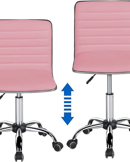 Yaheetech Pink Low Back PU Leather Ribbed Armless Office Chair, Ergonomic Swivel Task Chair with Wheels for Women - LeafyLoom