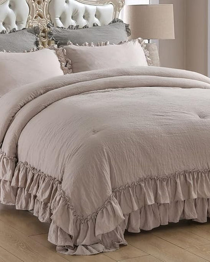 Taupe Ruffled Comforter Set for Queen Bed,3 Pieces Vintage Farmhouse Shabby Bedding Set Lightweight Ultra Soft French Country Bedding (1 Farmhouse Comforter +2 Pillowcases) - LeafyLoom