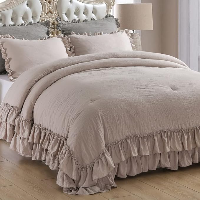 Shabby Ruffled King Comforter Set,Farmhouse Taupe Bedding Comforter Lightweight Ultra Soft Vintage Rustic Microfiber Bedding 3pc (1 Ruffle Comforter and 2 Pillowcases) - LeafyLoom