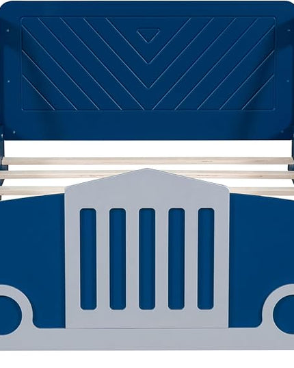 Twin Size Car-Shaped Bed Frame for Kids,Wooden Platform Bed with Wheels and Side Rails for for Boys Girls,Wood Slat Supports,No Box Spring Needed,Blue - LeafyLoom