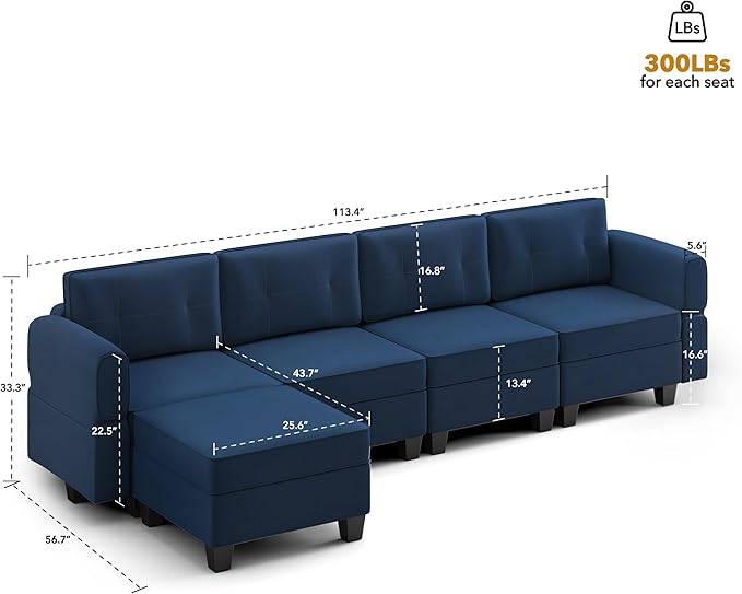 Modular Sectional Sofa, Convertible Sectional Couches for Living Room L Shaped Sofa Couch with Storage Ottoman, High Supportive 6 Seats Reversible Sectionals 113'' with Chaise, Dark Blue - LeafyLoom