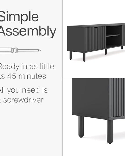 Contemporary Fluted TV Stand - Media Console - 70 Inch Entertainment Center with Storage - Console Table for Living Room and Bedrooms - Supports 32 to 80" TVs - Soft-Close Cabinet Doors (Black) - LeafyLoom