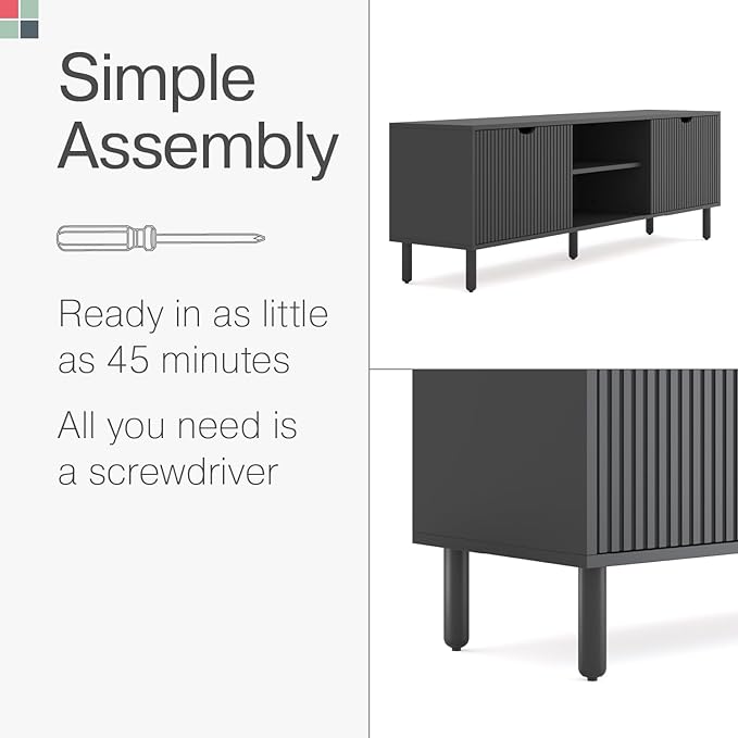 Contemporary Fluted TV Stand - Media Console - 70 Inch Entertainment Center with Storage - Console Table for Living Room and Bedrooms - Supports 32 to 80" TVs - Soft-Close Cabinet Doors (Black) - LeafyLoom