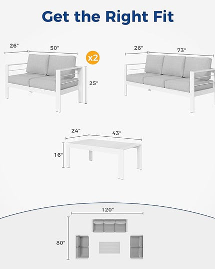 Wisteria Lane Aluminum Outdoor Patio Furniture Set, Modern Patio Conversation Sets, Outdoor Sectional Metal Sofa with 5 Inch Cushion and Coffee Table for Balcony, Garden, Light Grey - LeafyLoom