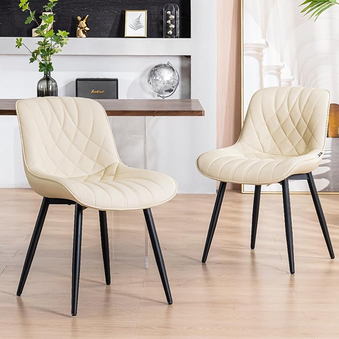 YOUNUOKE Dining Chairs Set of 2 Mid Century Modern Kitchen Chair Comfortable Upholstered Faux Leather Dinner Chairs for Kitchen Dining Room, Beige - LeafyLoom