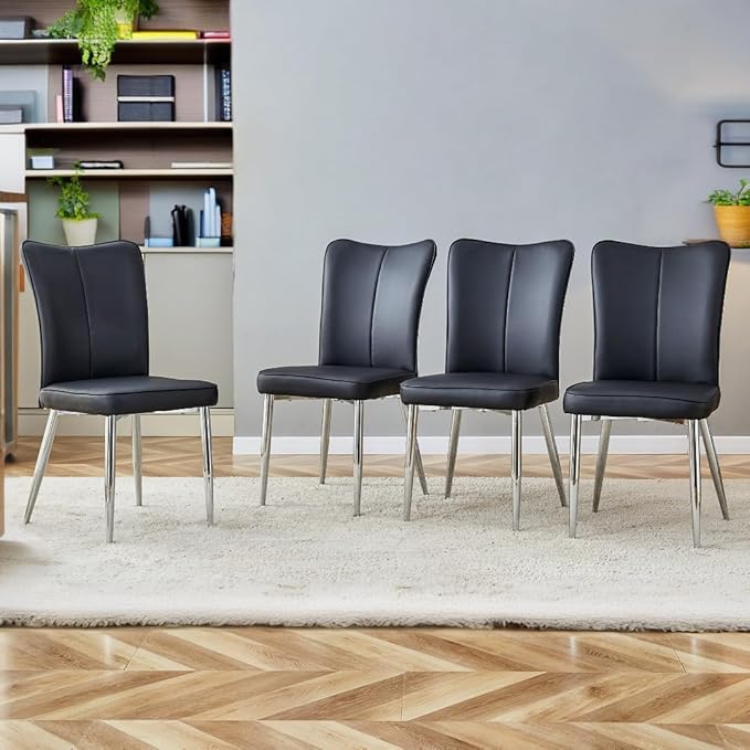 NicBex Modern Dining Chairs Set of 4 PU Leather Dining Room Kitchen Chairs with Curved Backrest and Cushion, Silver Matte Chair Legs, Suitable for Restaurants, Dining Rooms, and Living Rooms,Black - LeafyLoom