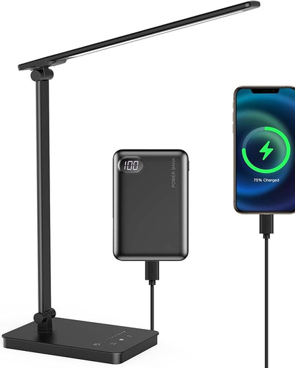 Desk Lamp Eye-Caring LED Table Lamp Dimmable Bedside Lamp with 2 USB Charging Ports and 10 Brightness Levels x 5 Colour Modes Touch Control Daylight Lamp for Office, Bedside, Reading- Auto Timer - LeafyLoom
