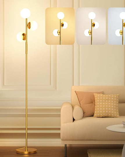 LED Floor Lamp for Living Room, 3 Globe Bright Standing Lamp with Remote, 4 Color Temterapure Dimmable Bedroom Lamp Modern Floor Lamp for Living Room Bedroom Office, 30W, 2700-6500K, Gold - LeafyLoom