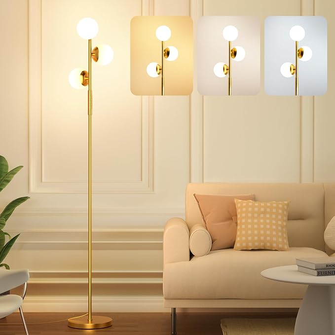 LED Floor Lamp for Living Room, 3 Globe Bright Standing Lamp with Remote, 4 Color Temterapure Dimmable Bedroom Lamp Modern Floor Lamp for Living Room Bedroom Office, 30W, 2700-6500K, Gold - LeafyLoom