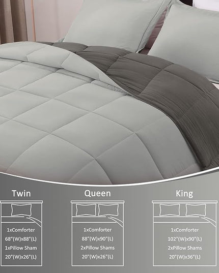 Basic Beyond King Size Comforter Set - Fluffy King Bed Comforter Set for All Seasons - Reversible Dark Grey Comforter Set - 3 Pieces (1 Comforter + 2 Pillow Shams) - Dark Gray/Grey - LeafyLoom