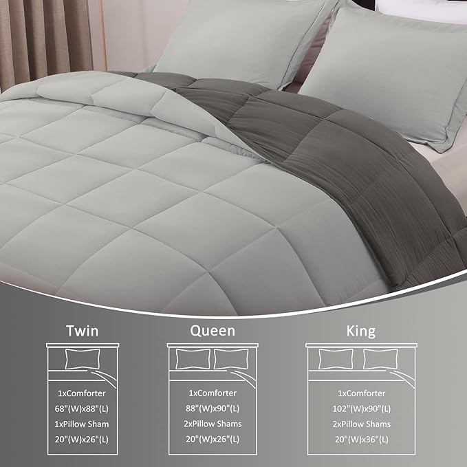 Basic Beyond King Size Comforter Set - Fluffy King Bed Comforter Set for All Seasons - Reversible Dark Grey Comforter Set - 3 Pieces (1 Comforter + 2 Pillow Shams) - Dark Gray/Grey - LeafyLoom