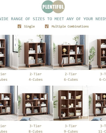 IOTXY Freestanding Open Cubes Bookcase - 2-Tier Floor Standing Wooden Storage Display Cabinet Organizer with Legs for Home Office, 6-Cubes Open Shelf Low Short Bookshelf, Walnut - LeafyLoom