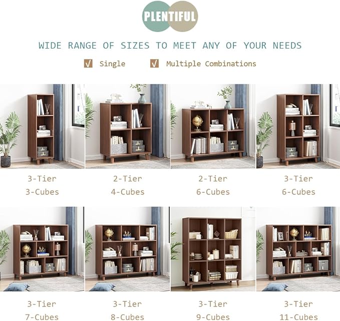 IOTXY Open Cube Low Bookcase - 3-Tier Freestanding Storage Display Cabinet Organizer with Legs for Home Office, 9-Cubes Open Shelf Short Bookshelf, Walnut - LeafyLoom