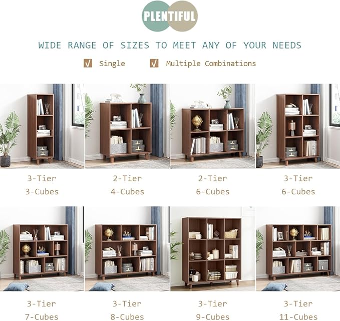 IOTXY Open Cube Low Bookcase - 3-Tier Freestanding Storage Display Cabinet Organizer with Legs for Home Office, 6-Cubes Open Shelf Short Bookshelf, Walnut - LeafyLoom