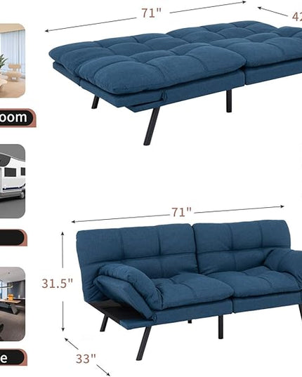 MUUEGM Futon Sofa Bed Convertible Memory Foam Sleeper Couch,Modern Loveseat for Living Room,Small Compact Space,Dorm,Office,Adjustable Armrests Backrest Sofabed, Linen Blue - LeafyLoom